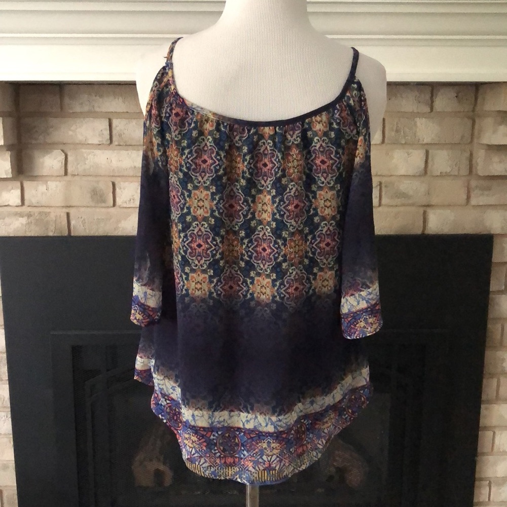 DayTrip Blue Cold Shoulder Chiffon Overlay Tank size XS - Picture 4 of 9